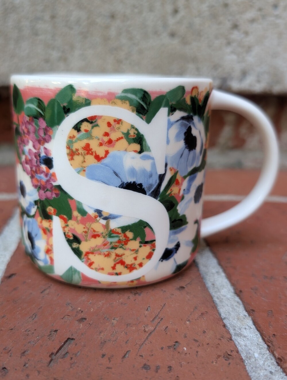Anthropologie Pink & Blue Flower Floral Print "S" Initial Monogram Mug